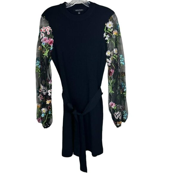 Jealous Tomato Black Sweater Dress Sheer Floral Embroidered Sleeves Waist Tie - Picture 1 of 9